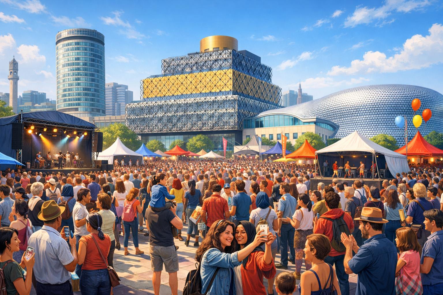 A large crowd of people gathered in an open area of Birmingham with city buildings and event setups visible in the background.