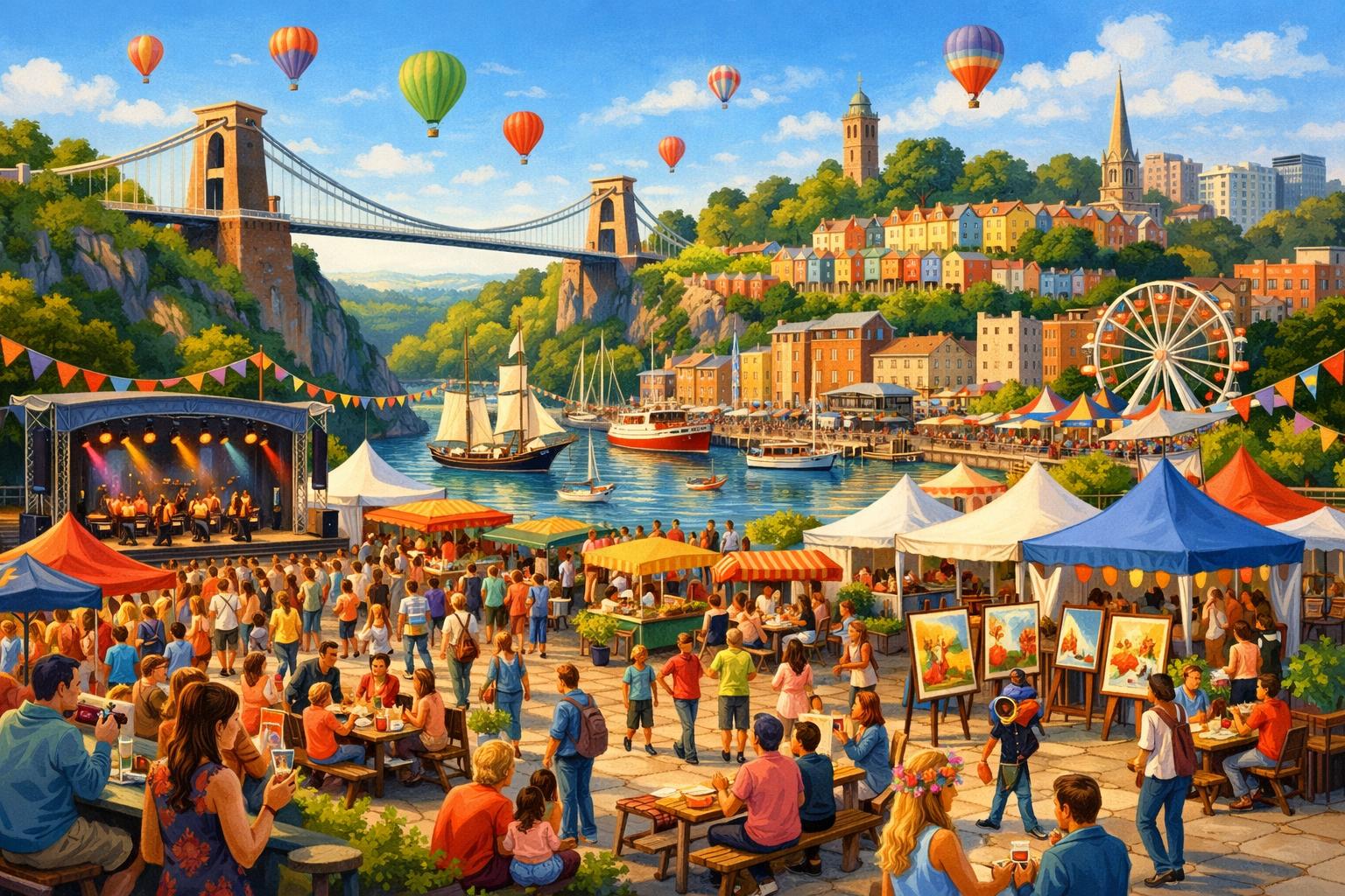 A busy city scene in Bristol with people enjoying outdoor events near the Clifton Suspension Bridge and harbour, featuring markets, concerts, and festival activities.