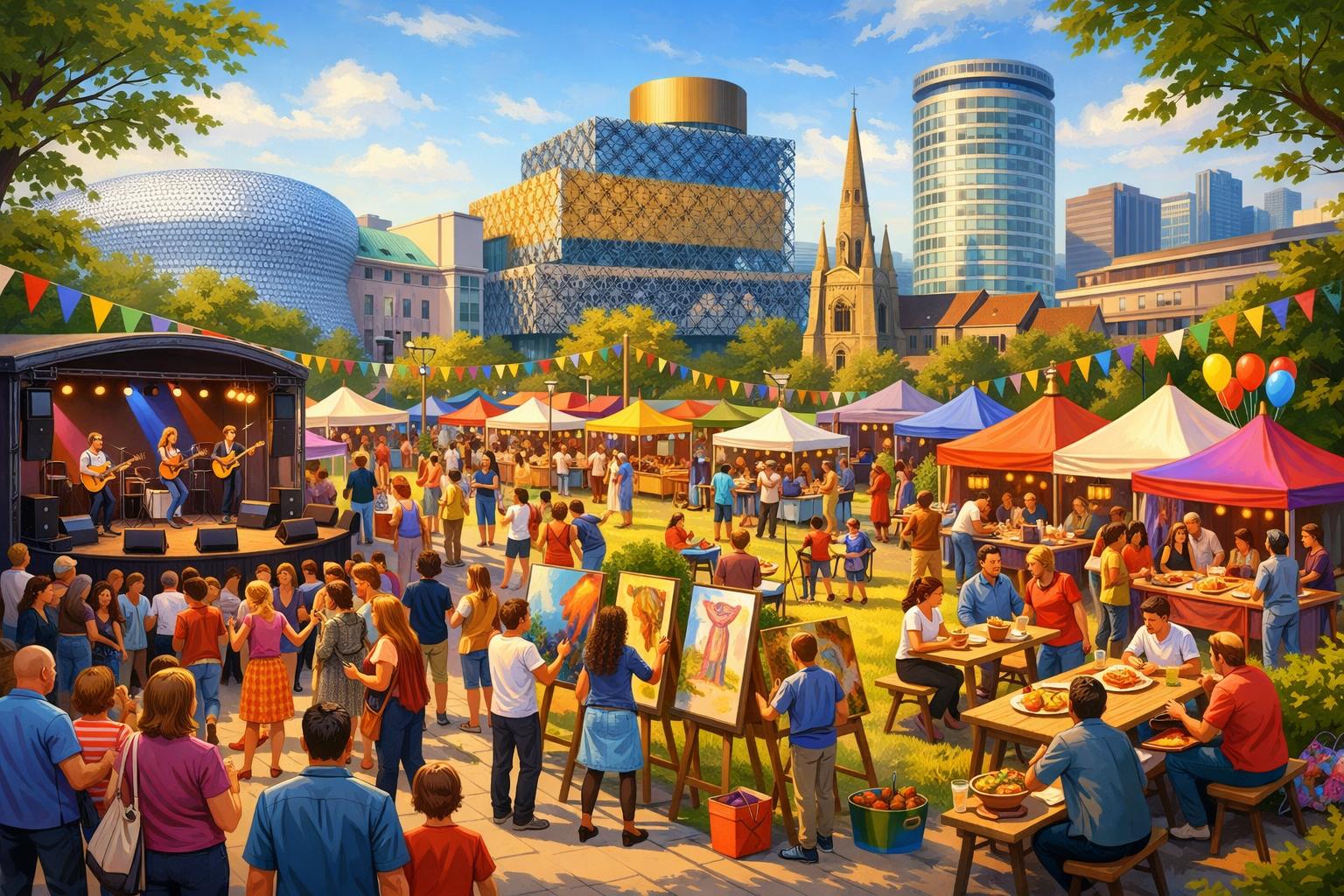 A lively city scene in Birmingham with people enjoying various outdoor events and activities near well-known landmarks.