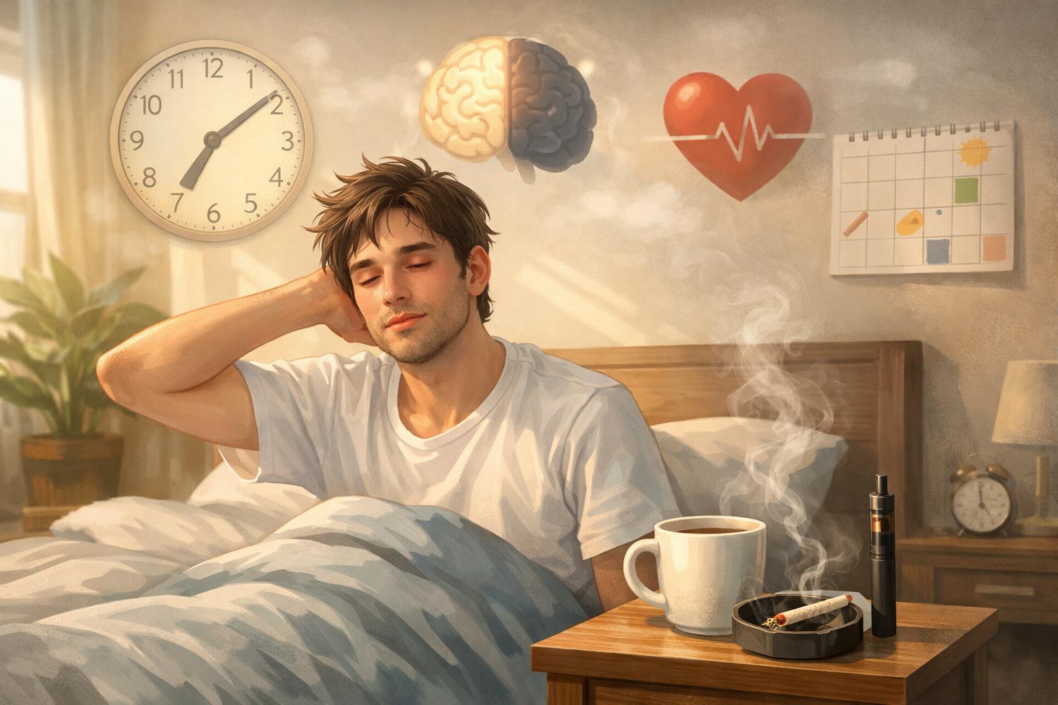 A young adult waking up in a sunlit bedroom with a coffee cup and a cannabis vape on a nearby table, surrounded by subtle icons representing effects and risks.