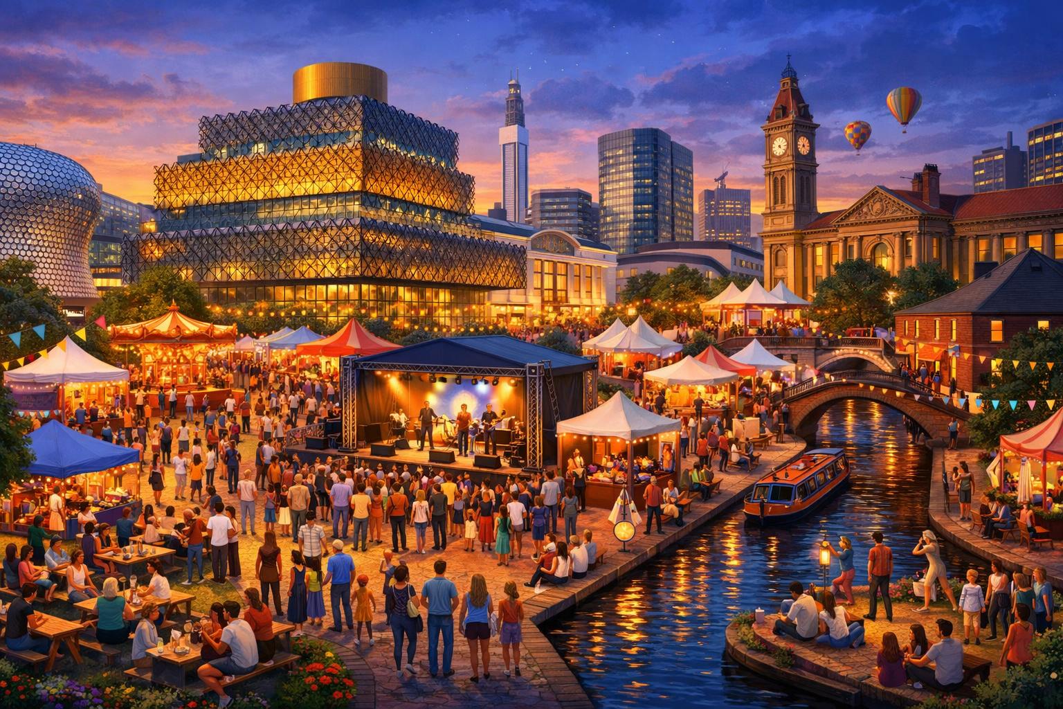 A lively city scene in Birmingham showing a large crowd enjoying various outdoor events near famous landmarks, with people attending music performances, food stalls, and cultural activities.