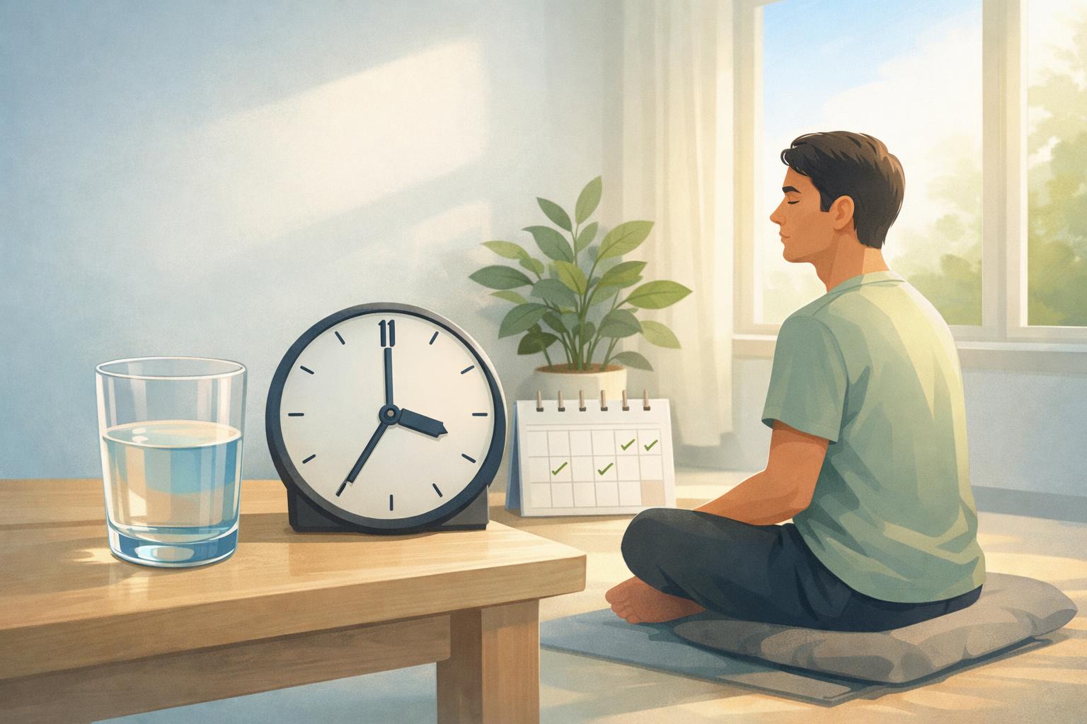 A person sitting peacefully in a room with a clock and calendar nearby, surrounded by natural light and plants, representing taking a mindful break over time.