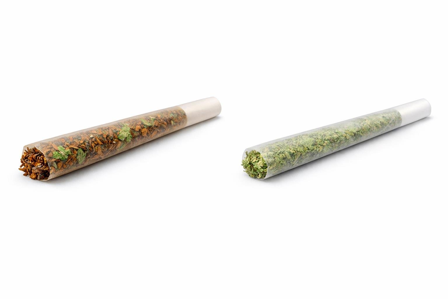 Two hand-rolled cigarettes placed side by side on a white surface, one containing a mix of brown tobacco and green cannabis, the other containing only green cannabis.