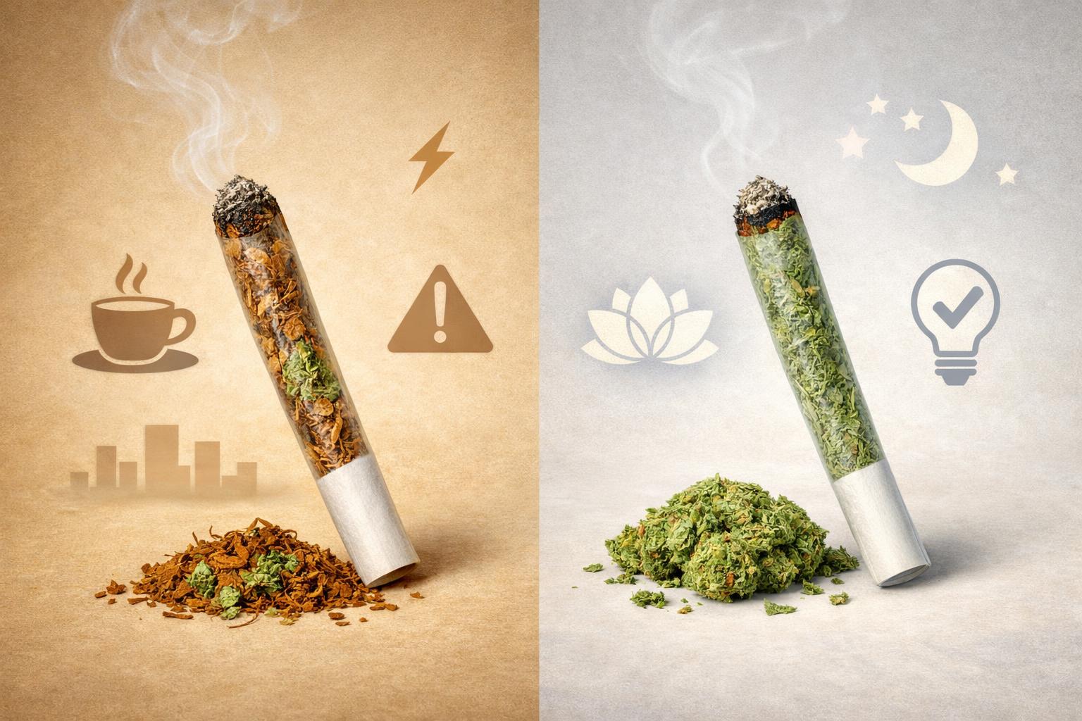 A detailed illustration showing a spliff on the left and a joint on the right, each emitting light smoke, with subtle shapes around them representing different effects and experiences.