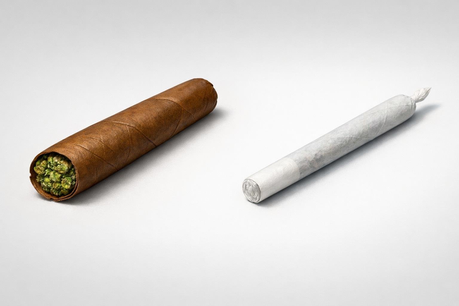 Side-by-side illustration of a thick brown blunt and a thinner white joint showing their different shapes and sizes.