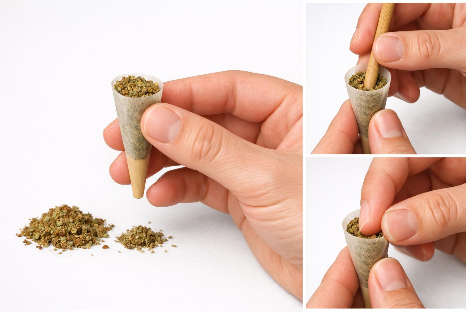 Hands packing a cone-shaped rolling paper evenly with ground material using tapping and pressing motions.