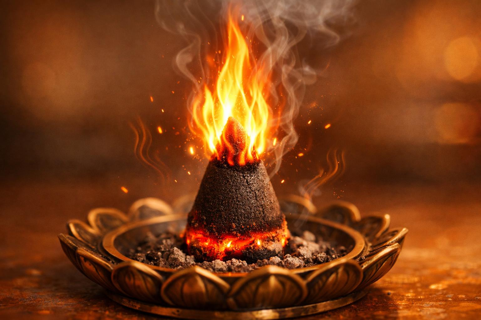 Close-up of a burning cone incense with a large flame and smoke rising from it on a decorative holder.