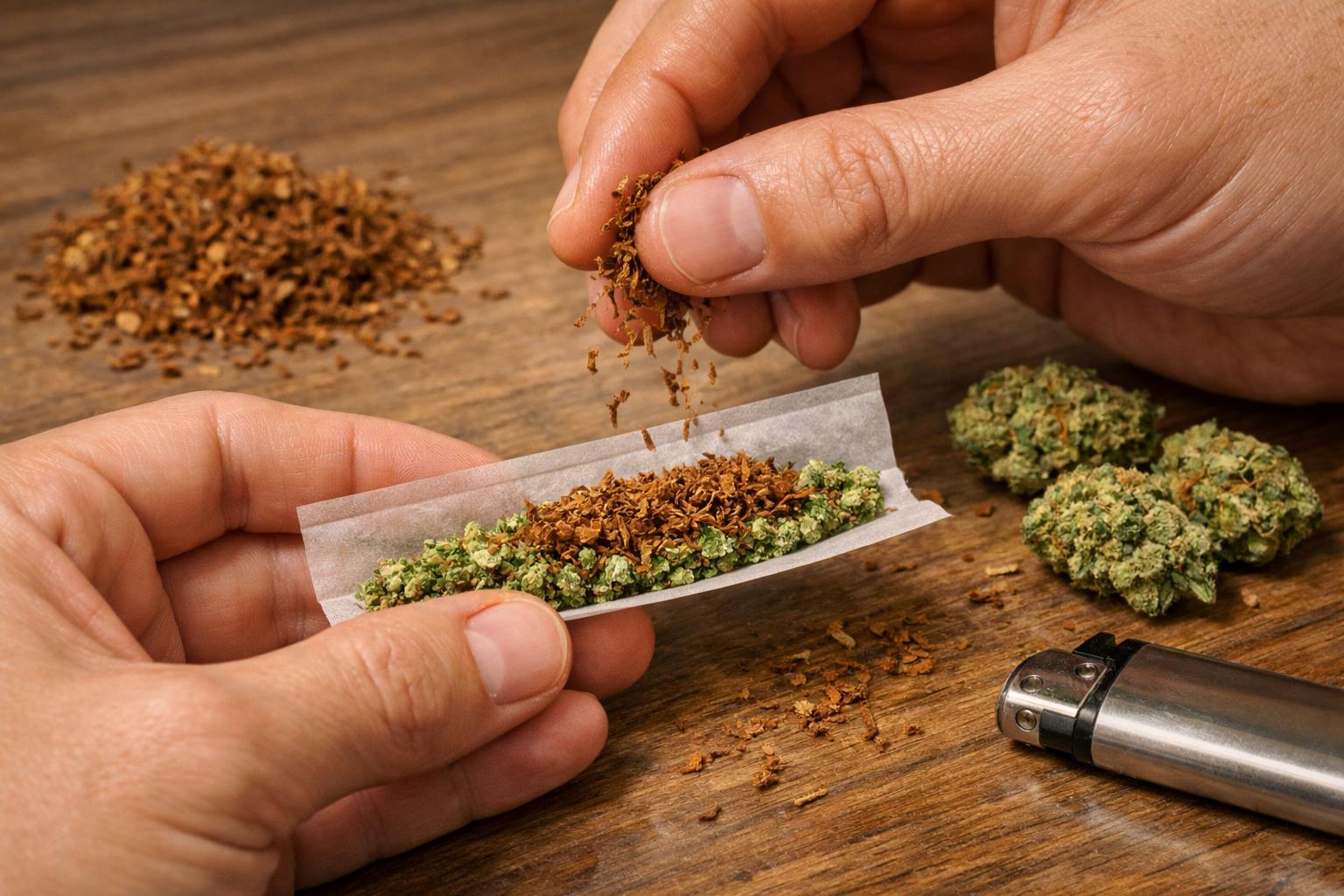 Hands preparing a joint by mixing tobacco and cannabis on a wooden table with loose tobacco, cannabis buds, and a lighter nearby.