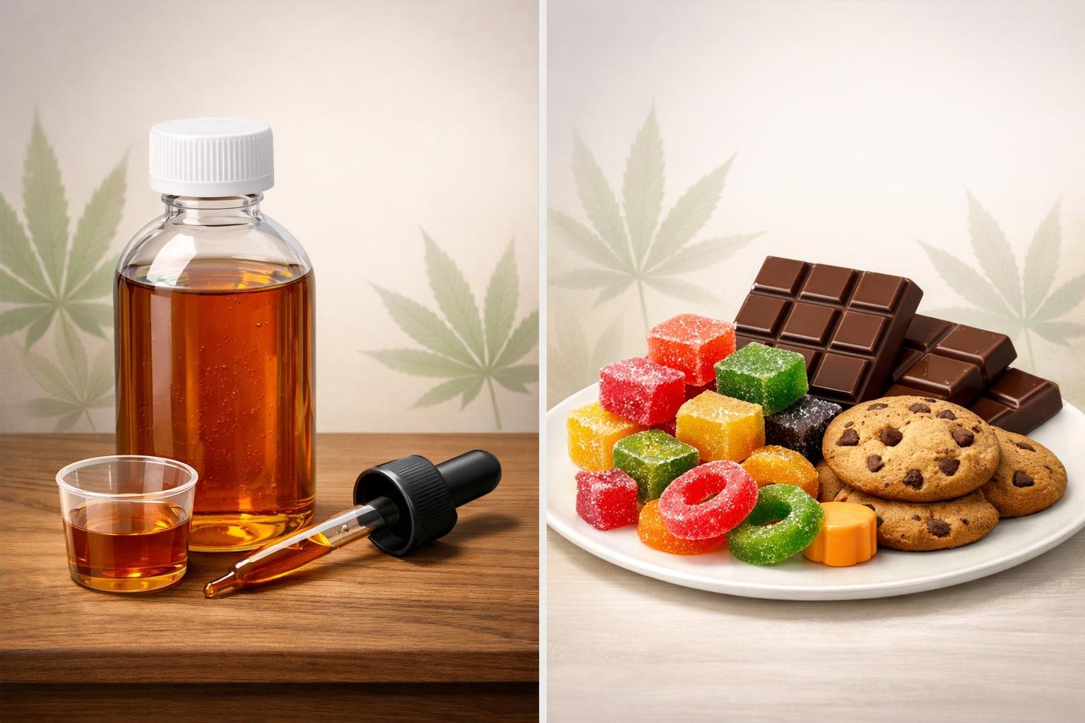 A side-by-side comparison of a bottle of amber THC syrup with a dropper and a plate of colourful cannabis edibles including gummies and chocolate.