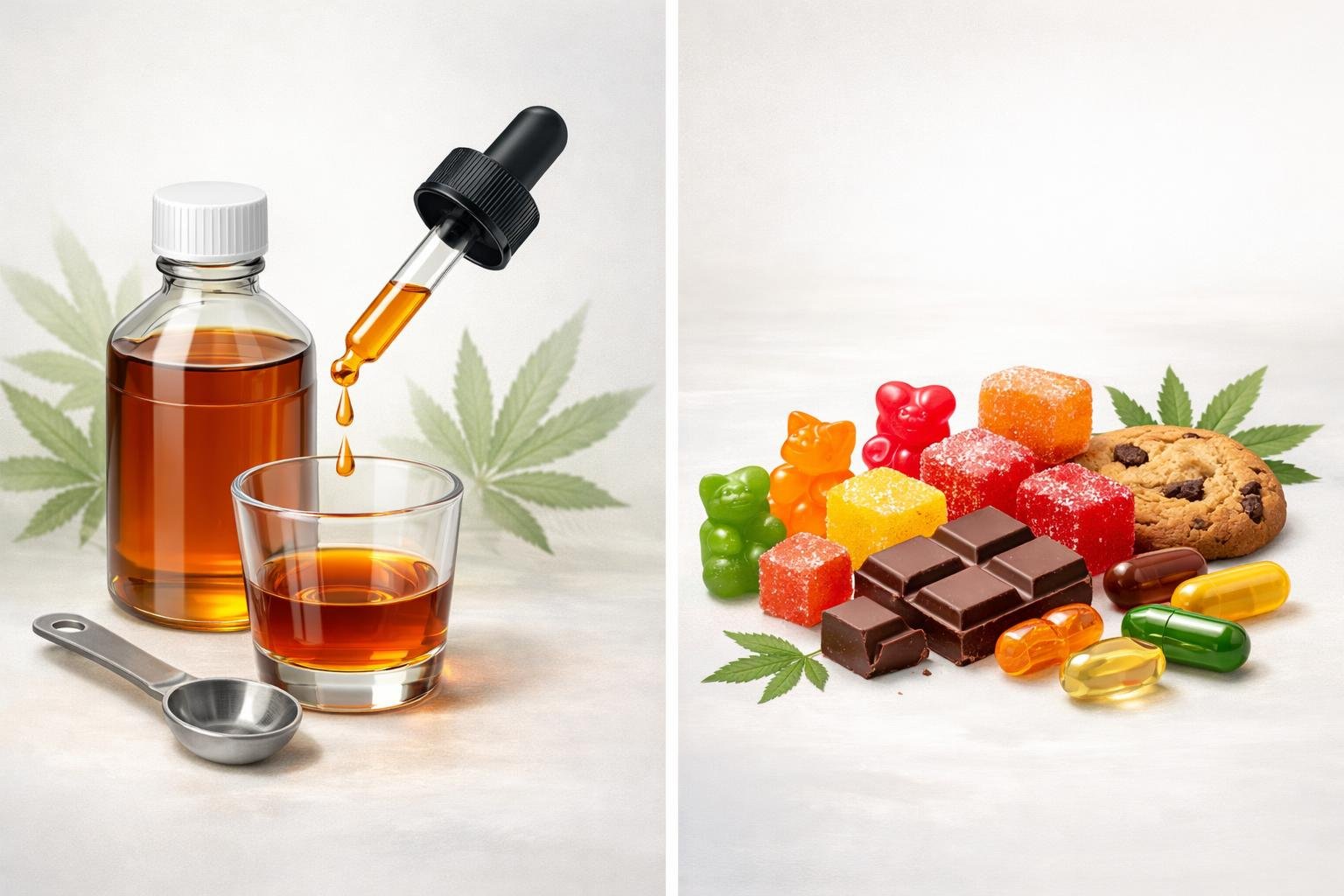 A comparison scene showing a bottle of THC syrup with a dropper on one side and various cannabis edible products like gummies and chocolates on the other side.