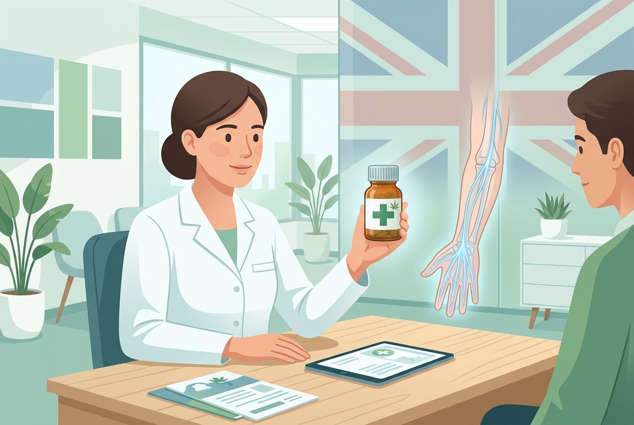 A healthcare professional holding a small bottle with a cannabis leaf symbol next to a glowing illustration of nerves in a hand and forearm, with a subtle UK flag design in the background.