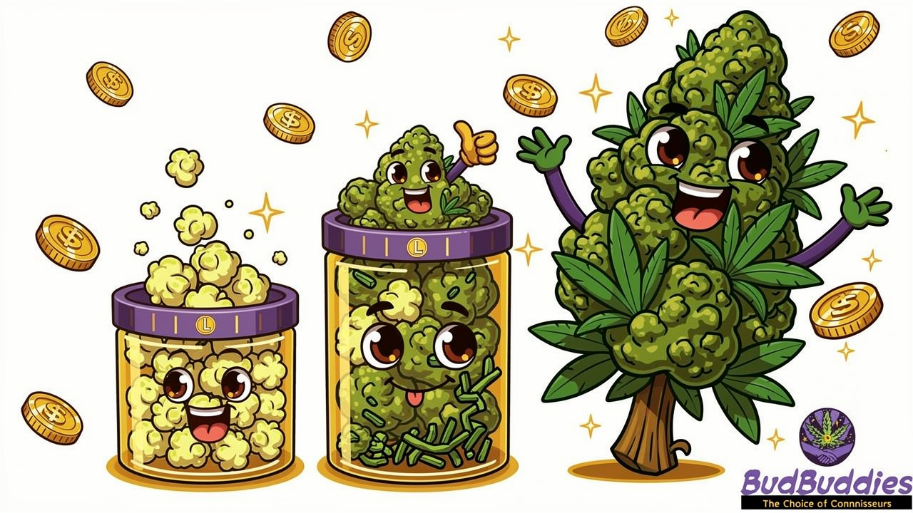 Cartoon illustration comparing popcorn nugs, shake and trim with premium buds