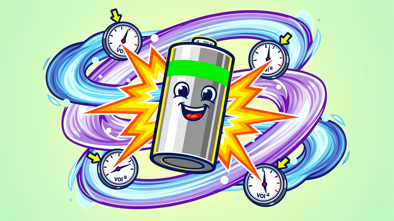 Cartoon vape battery with voltage indicators and vapour clouds