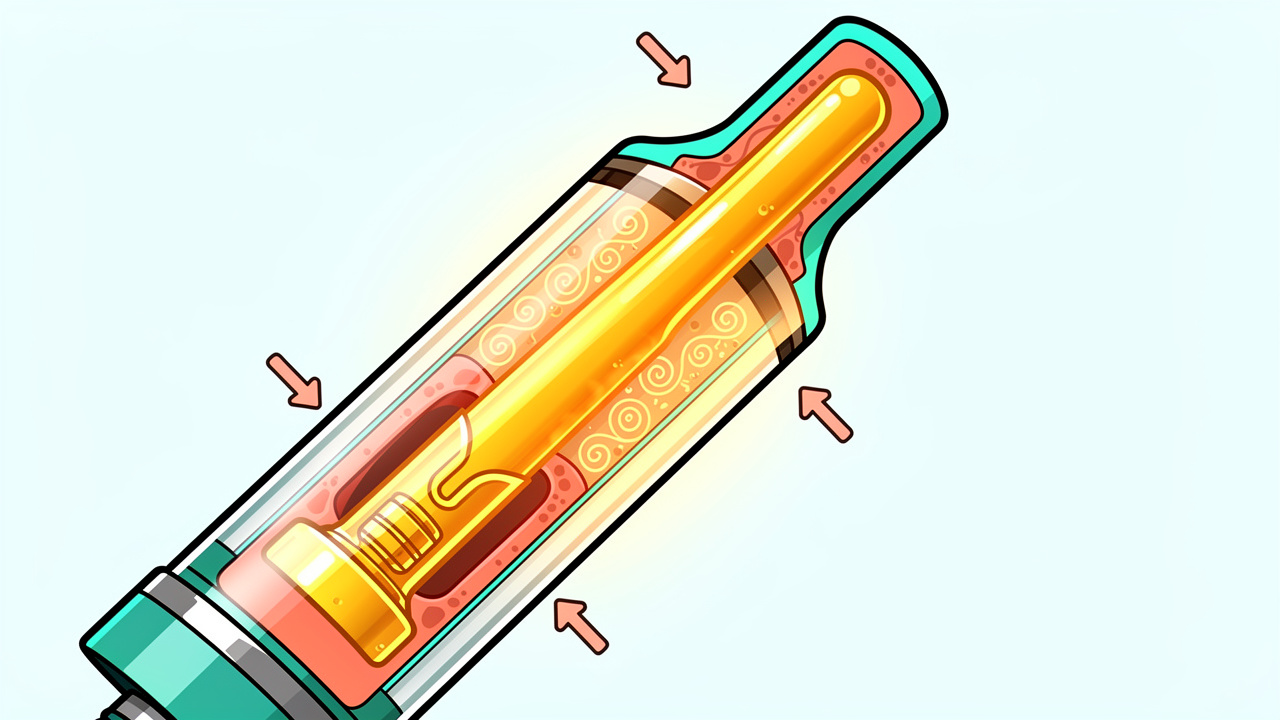 Cartoon cutaway of vape cart with oil blockage inside