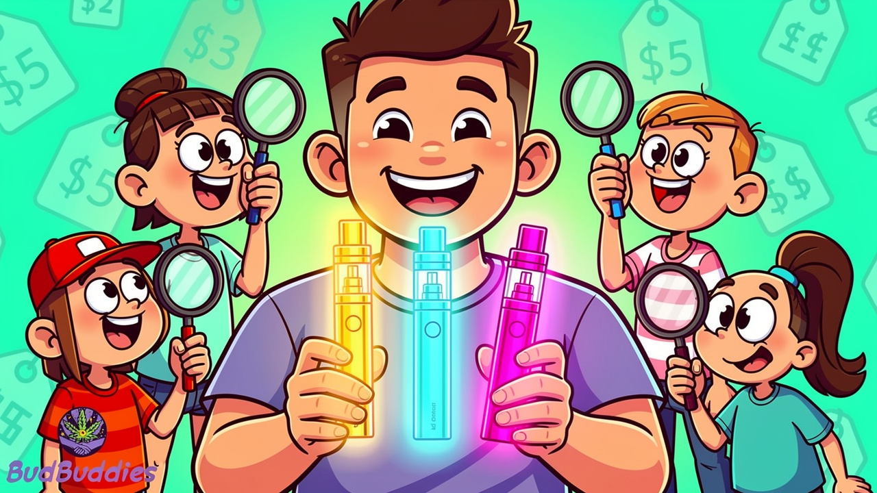 Cartoon showing disposable and rechargeable vape options