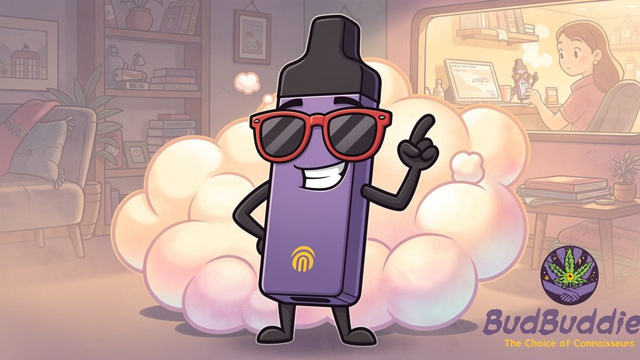 Cartoon vape pen character demonstrating discreet, portable usage