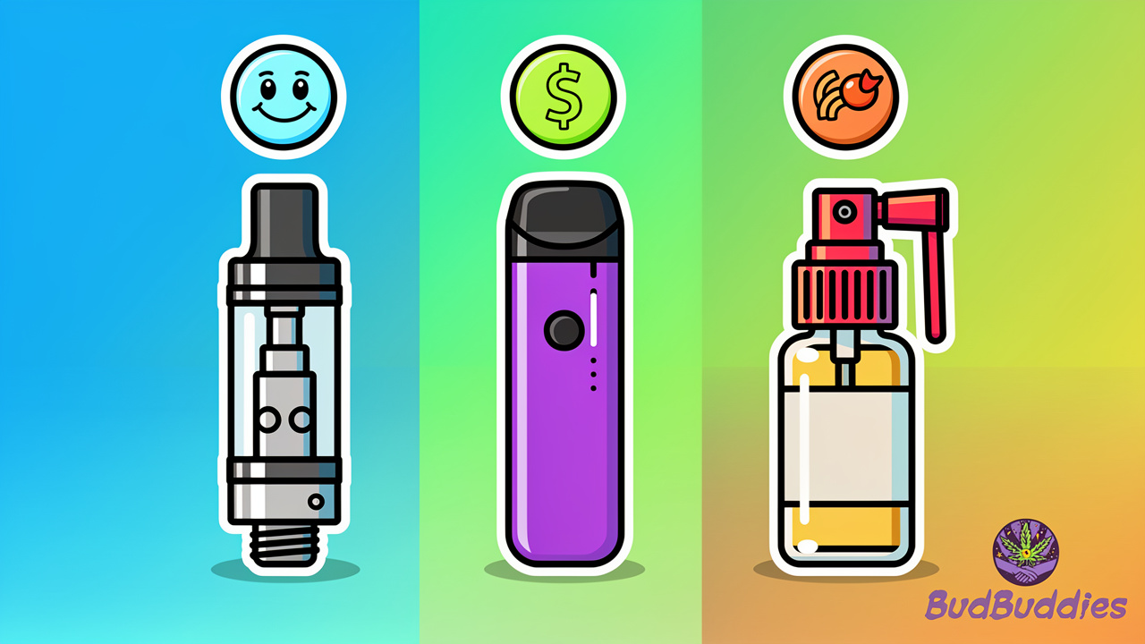 Cartoon illustration of three different THC vape product formats