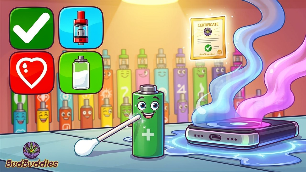 Cartoon guide showing vape pen cleaning, storage, and proper device maintenance