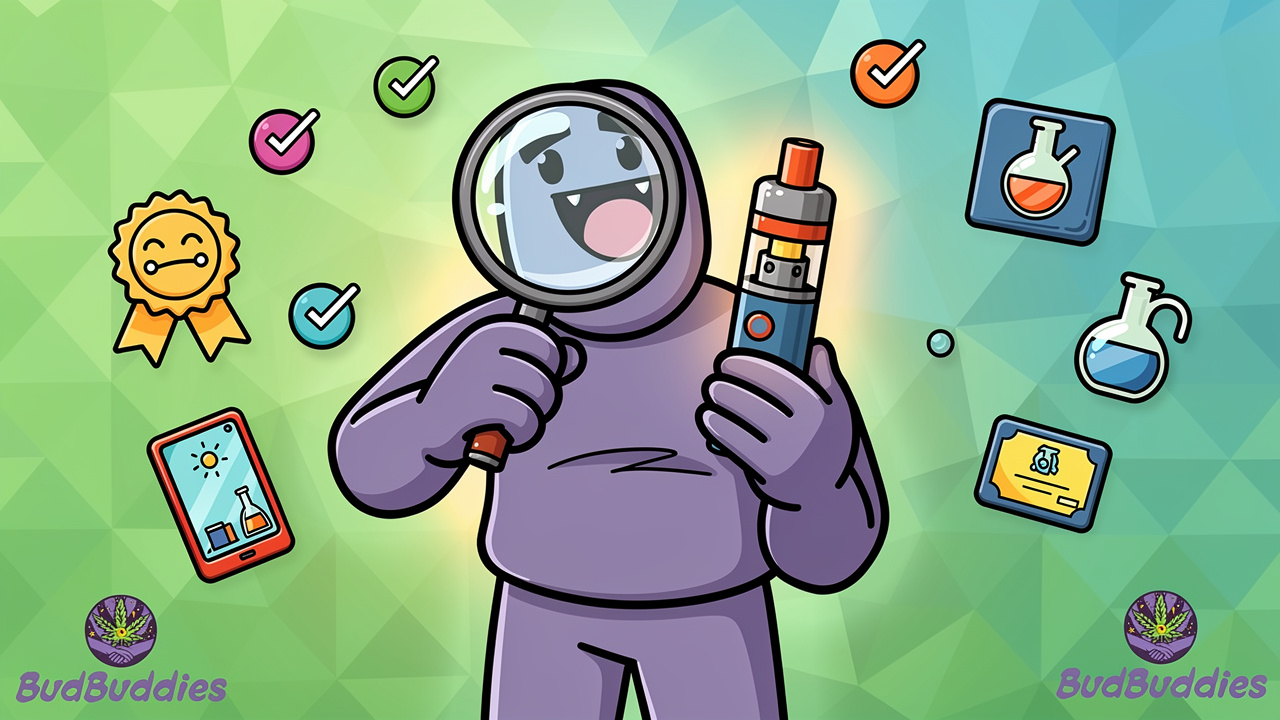 Cartoon character verifying THC vape quality through lab testing and certificates