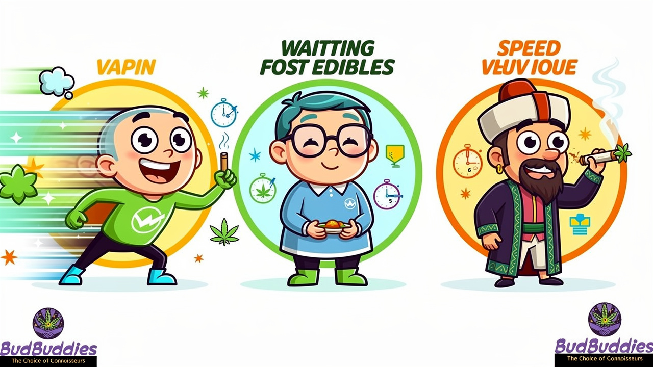 Cartoon characters comparing quick vape effects versus slower edibles