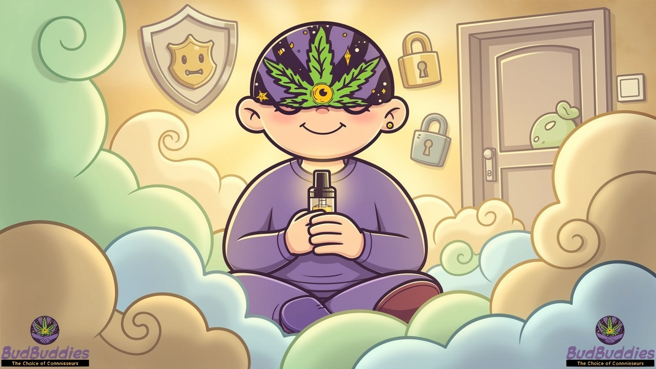 Content character enjoying discreet vaping with privacy symbols nearby
