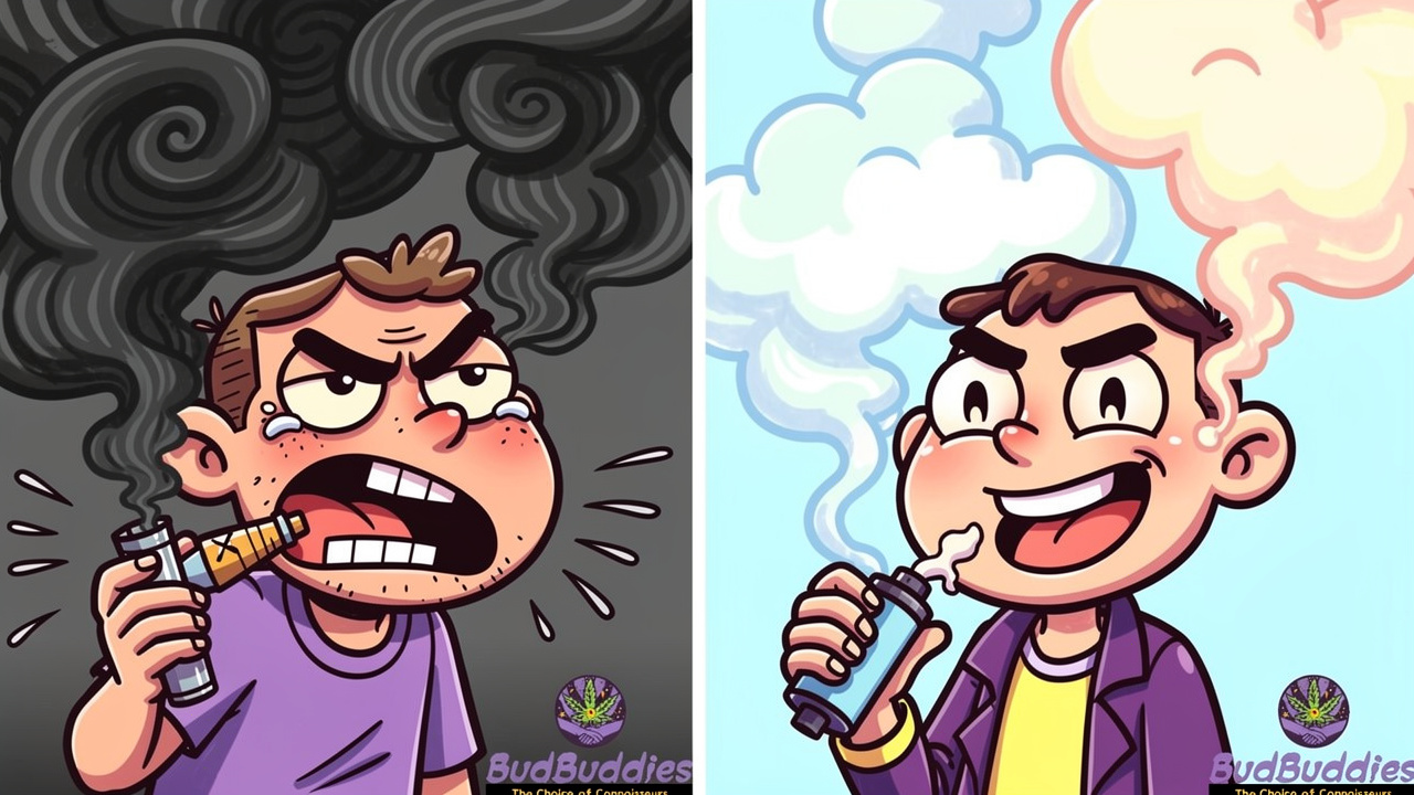 Cartoon comparison of uncomfortable smoking versus happy vaping character