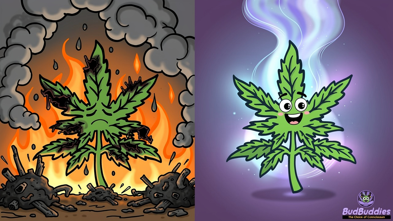 Cartoon comparison of smoking with flames versus vaping with vapour