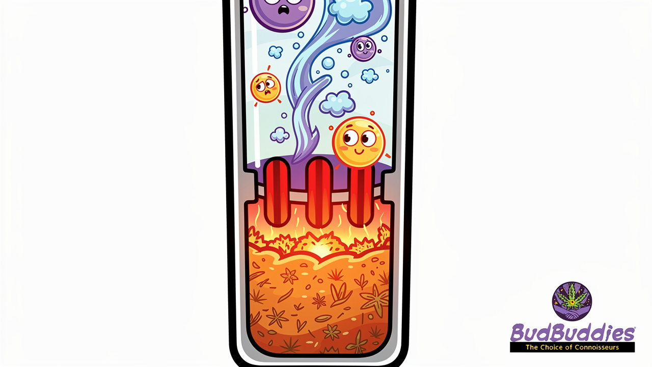 Cartoon diagram showing herb heating to vapour inside vaporizer