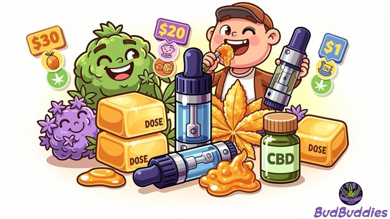Cartoon display of diverse cannabis product formats and options