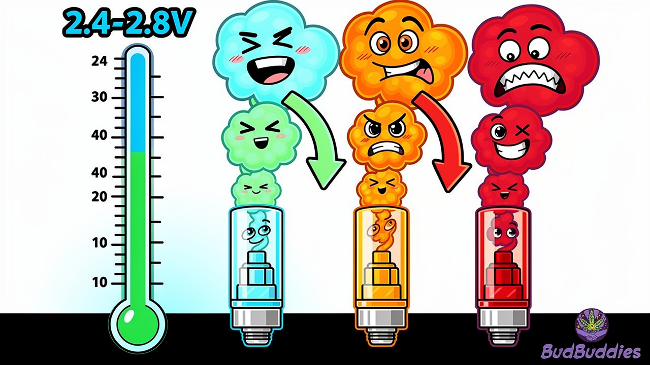 Cartoon diagram showing correct voltage settings for maximising vape cartridge life
