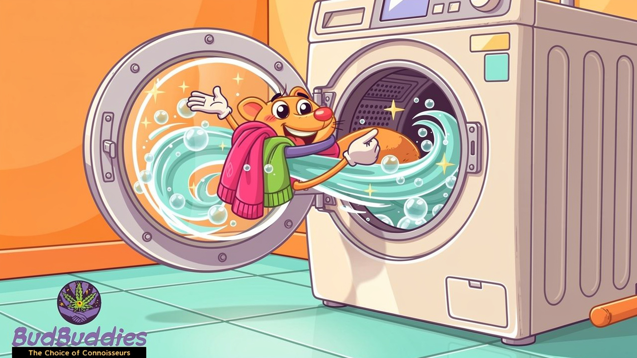 Cartoon character properly washing cannabis odour from clothes