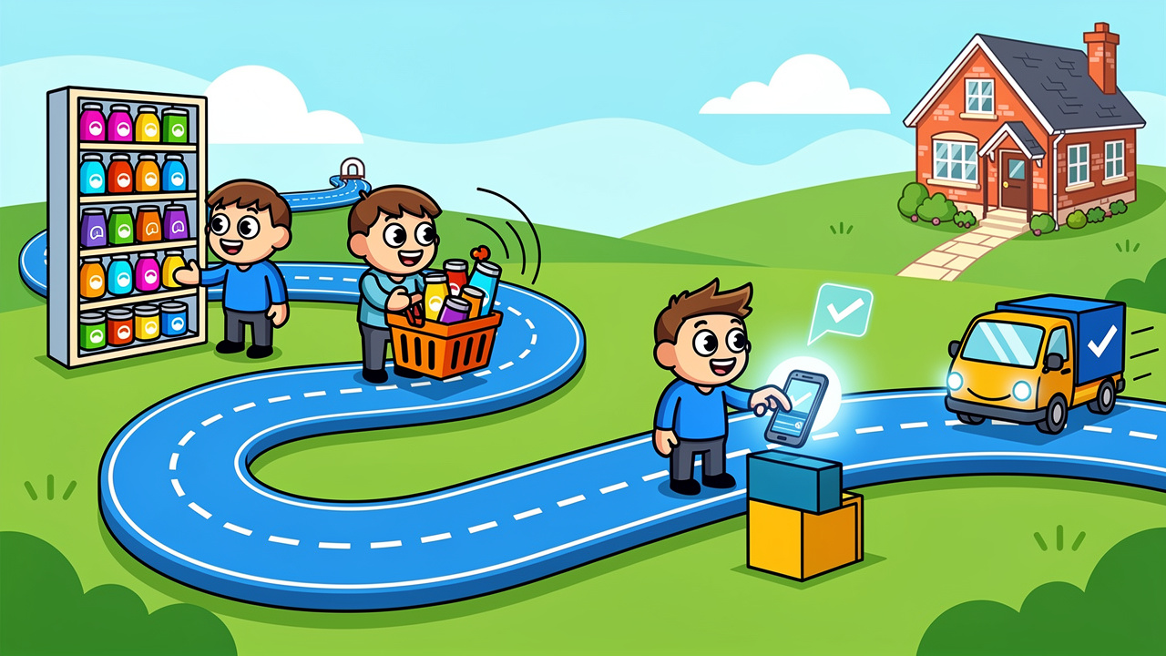 Cartoon four step process for ordering cannabis delivery in Lurgan