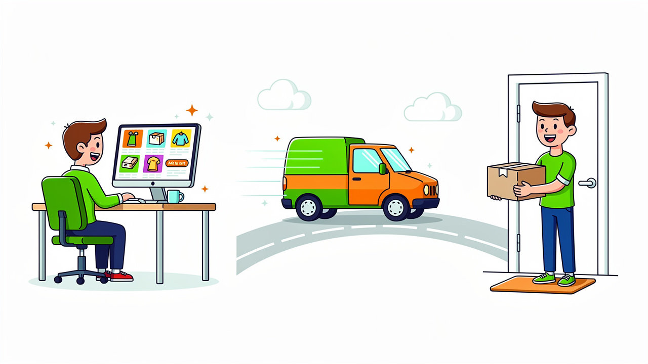 Cartoon showing online weed ordering and home delivery steps