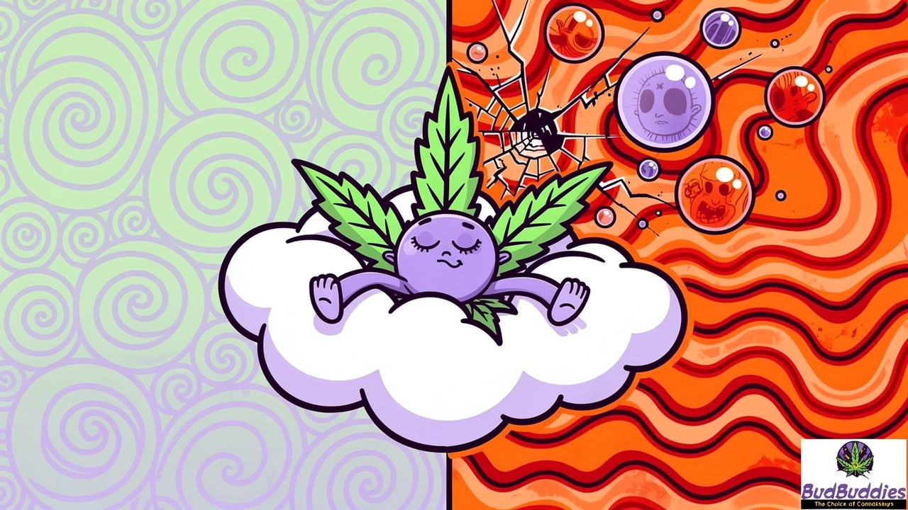 Cartoon showing weed's mixed effects on sleep after drinking