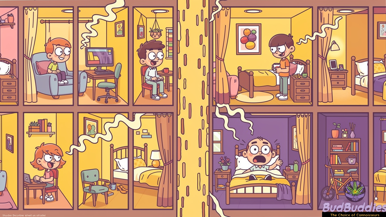 Cartoon showing weed smell drifting through thin hall walls