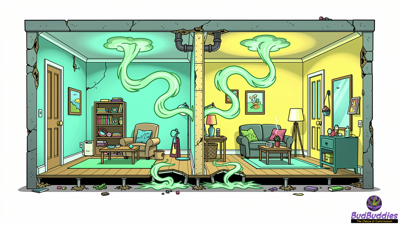 Cartoon cross-section showing cannabis smell drifting through flat walls