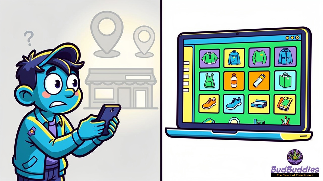 Frustrated character comparing location pins to happy customer browsing online shop
