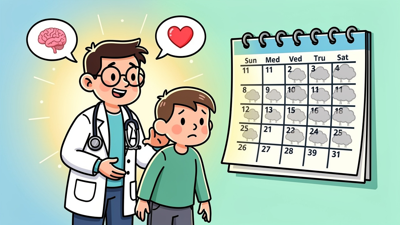 Friendly cartoon doctor encouraging people to seek medical help when needed
