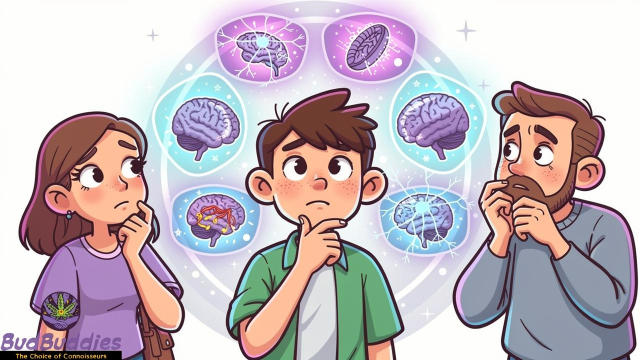 Cartoon illustration of young person with brain development and safety symbols